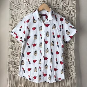 Dioufond lips 👄 & lipstick 💄 print button down short sleeve blouse